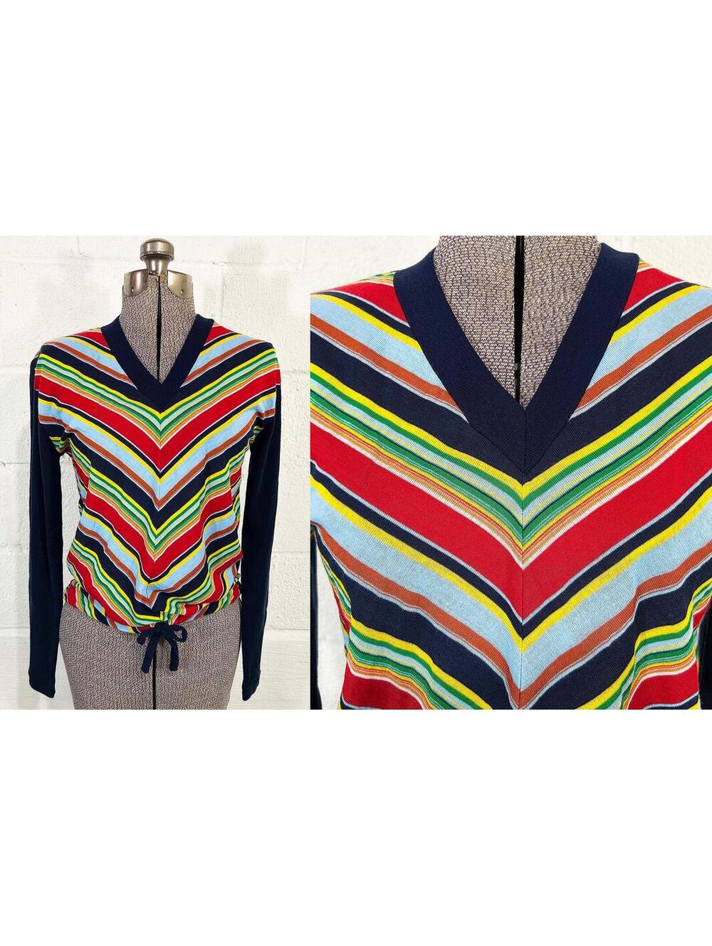 Chevron Knit Sweater Rainbow Pullover Jumper Long Sleeved Helen Sue 1970s Small